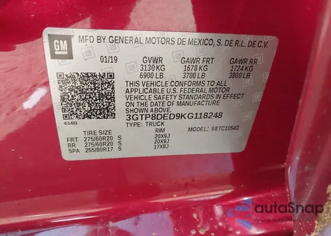 2019 GMC Sierra 1500 Slt from USA, damaged, VIN 3GTP8DED9KG118248